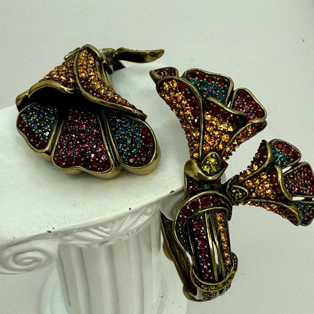 Vintage Heidi Daus Multicolor Fan Flower Hinged Cuff Watch –Hidden Dial Bracelet